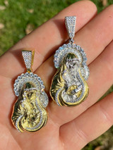 HarlemBling Real Solid 925 Silver and 14k Gold Virgin Mary Iced Diamond Pendant Mens Hip Hop