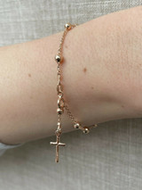 Rosary Bead Rosario Cross Ladies Bracelet 14k Rose Gold Over 925 Sterling Silver