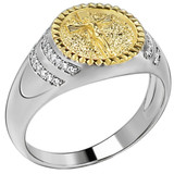 Cross Coin Ring - 925 Silver & Gold Accent  - CZ Stones