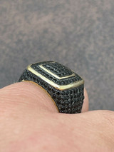 Mens Real Solid 925 Sterling Silver 14k Gold Oxidized Ring Black Diamond Iced