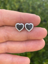 Solid 925 Sterling Silver Iced Heart Stud Earrings Black Diamond Hip Hop 10mm