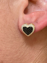 Real 925 Sterling Silver and 14k Gold Heart Shape Earrings Stud Iced Black Diamond
