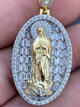 HarlemBling Real 925 Sterling Silver and 14k Gold - Virgin Mary Necklace Iced Diamond Pendant