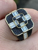 Real Solid 925 Sterling Silver and Gold Mens Baguette Black Diamond Ring Hip Hop