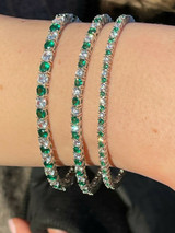 Tennis Bracelet SOLID 925 Sterling Silver Single Row Diamond and Green Emerald
