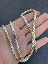 Italiano Silver, Inc Solid 925 Sterling Silver and Yellow Rose Gold Tri Color Rope Chain Necklace 2-5mm