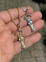 Real 925 Sterling Silver Gold Santa Muerte Grim Reaper Death Pendant Necklace