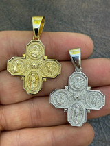 Italiano Silver, Inc Real 925 Silver Gold Four 4 Way Catholic Cross Pendant Mens Miraculous Necklace