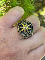 HarlemBling Real 925 Sterling Silver and 10k Gold Mens Nautical Compass Star Ring Sizes 7-13
