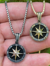 HarlemBling Mens Real Solid 925 Silver and 14k Gold Navigation Star Compass Pendant Necklace