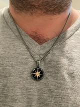 HarlemBling Mens Real Solid 925 Silver and 14k Gold Navigation Star Compass Pendant Necklace