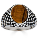 Checkerboard Ring - 925 Silver Oxidized - Genuine Tiger's Eye Stone