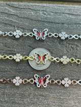 HarlemBling Real 925 Silver / Yellow Rose Butterfly and Four Leaf Clover Infinity Bracelet