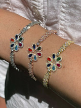 HarlemBling Real 925 Silver / Yellow Rose Gold Multicolor Flower CZ Sapphire Ladies Bracelet