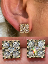 HarlemBling 14K Gold and Real 925 Silver Iced Large Out CZ HipHop Earrings Square Nugget Studs