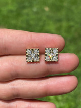 HarlemBling 14K Gold and Real 925 Silver Iced Large Out CZ HipHop Earrings Square Nugget Studs