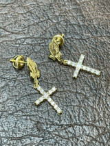 HarlemBling 14k Gold and Real 925 Sterling Silver Praying Hands W Iced Cross Dangle Earrings