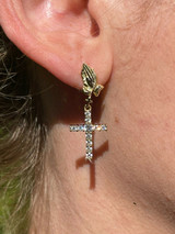 HarlemBling 14k Gold and Real 925 Sterling Silver Praying Hands W Iced Cross Dangle Earrings