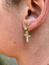 HarlemBling 14k Gold and Real 925 Silver Iced Cross Dangle Drop Earrings Diamond Studs Hip Hop