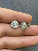 HarlemBling Real Solid 925 Silver Iced CZ Out Hip Hop Mens Earrings 1/3 Cluster Round Studs