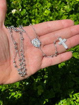 HarlemBling Rosary Beads Necklace Real 925 Sterling Silver Rosario Iced Baguette Diamond Out
