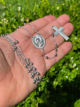 HarlemBling Rosary Beads Necklace Real 925 Sterling Silver Rosario Jesus Iced Diamond Out
