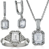 HarlemBling Real 925 Silver Baguette Diamond Ring Pendant Necklace and Earrings Jewelry Set