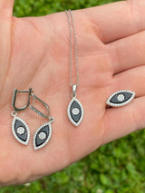 HarlemBling 925 Silver Lucky Evil Eye Diamond Black Onyx Ring Necklace Earrings Girls Set