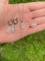 HarlemBling 925 Silver Evil Eye Diamond Pink Pearl Ring Necklace Earrings Ladies Girls Set