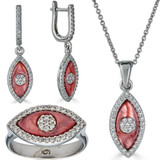 HarlemBling 925 Silver Evil Eye Diamond Pink Pearl Ring Necklace Earrings Ladies Girls Set