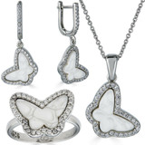 HarlemBling Solid 925 Silver Butterfly Mother Of Pearl Ring Necklace and Earrings Ladies Set