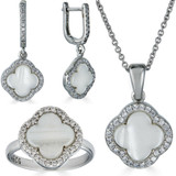 HarlemBling Real 925 Silver Four Leaf Clover Mother Of Pearl Ring Necklace and Earrings Ladies