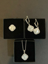 HarlemBling Real 925 Silver Four Leaf Clover Mother Of Pearl Ring Necklace and Earrings Ladies