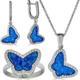 HarlemBling Real 925 Sterling Silver Butterfly Blue Opal Ring Necklace and Earrings Ladies Set