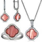 HarlemBling Real 925 Silver Four Leaf Clover Pink Pearl Ring Necklace and Earrings Ladies Set