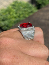 HarlemBling Mens Iced Flooded Out Diamond Real 925 Sterling Silver Ruby Red Stone Big Ring