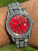 HarlemBling Men Red Dial Presidential Real SS 41mm Watch Fully Iced 12ct Flooded Out Diamond