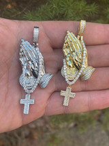 HarlemBling Iced Praying Hand and Cross Pendant 925 Silver / Gold MOISSANITE Pass Diamond Test
