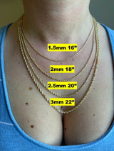 HarlemBling Mens Womens Real 14k Yellow Gold Solid Rope Chain Necklace 1.5mm-6mm