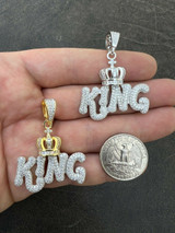 Real 925 Silver / Gold Hip Hop King W Crown Pendant Iced Diamond Necklace Mens