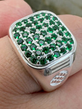 Mens Real Solid 925 Sterling Silver Iced Green Emerald Stone Ring Hip Hop 7-13