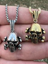 Real Solid 925 Silver Goth Skull and Cross Bones Death Pendant Necklace Gold Biker