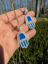 Hip Hop Real 925 Silver Gold Blue Hamsa Hand Pendant Iced Diamond Necklace Hamza Hip Hop