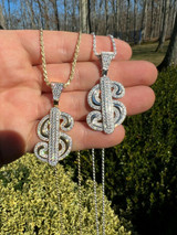 HarlemBling Real 925 Silver Gold Bling Out Iced Dollar dollar Sign Money Hip Hop Pendant Necklace