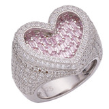 Pink Heart Iced Out Ring - 925 Silver - Pink Baguette & Round CZ Stones