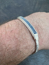 Italiano Silver, Inc Mens Byzantine Presidential ID Bracelet Real 925 Silver Iced Blue Sapphire Stone