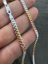 Hip Hop Tri Color Yellow Rose Gold and 925 Sterling Silver Miami Cuban Chain Necklace 4mm