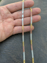 Hip Hop Tri Color Yellow Rose Gold and 925 Sterling Silver Miami Cuban Chain Necklace 4mm