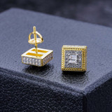 HarlemBling 14K Gold Vermeil 925 Iced CZ Hip Hop Mens Earrings Large Square Baguette Studs