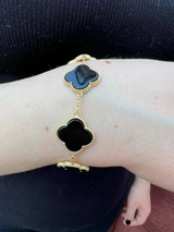 HarlemBling Real 14k Gold Vermeil 925 Large Black Onyx Leaf Clover Flower Bracelet 6-7.5